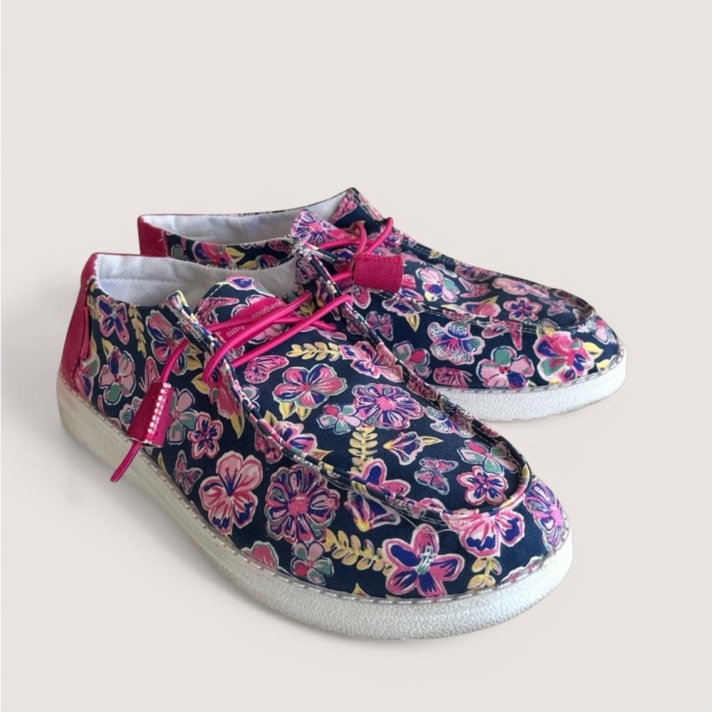 Simply Southern Navy Floral Slip-On Shoes with Pink Trim - Picture 10 of 16